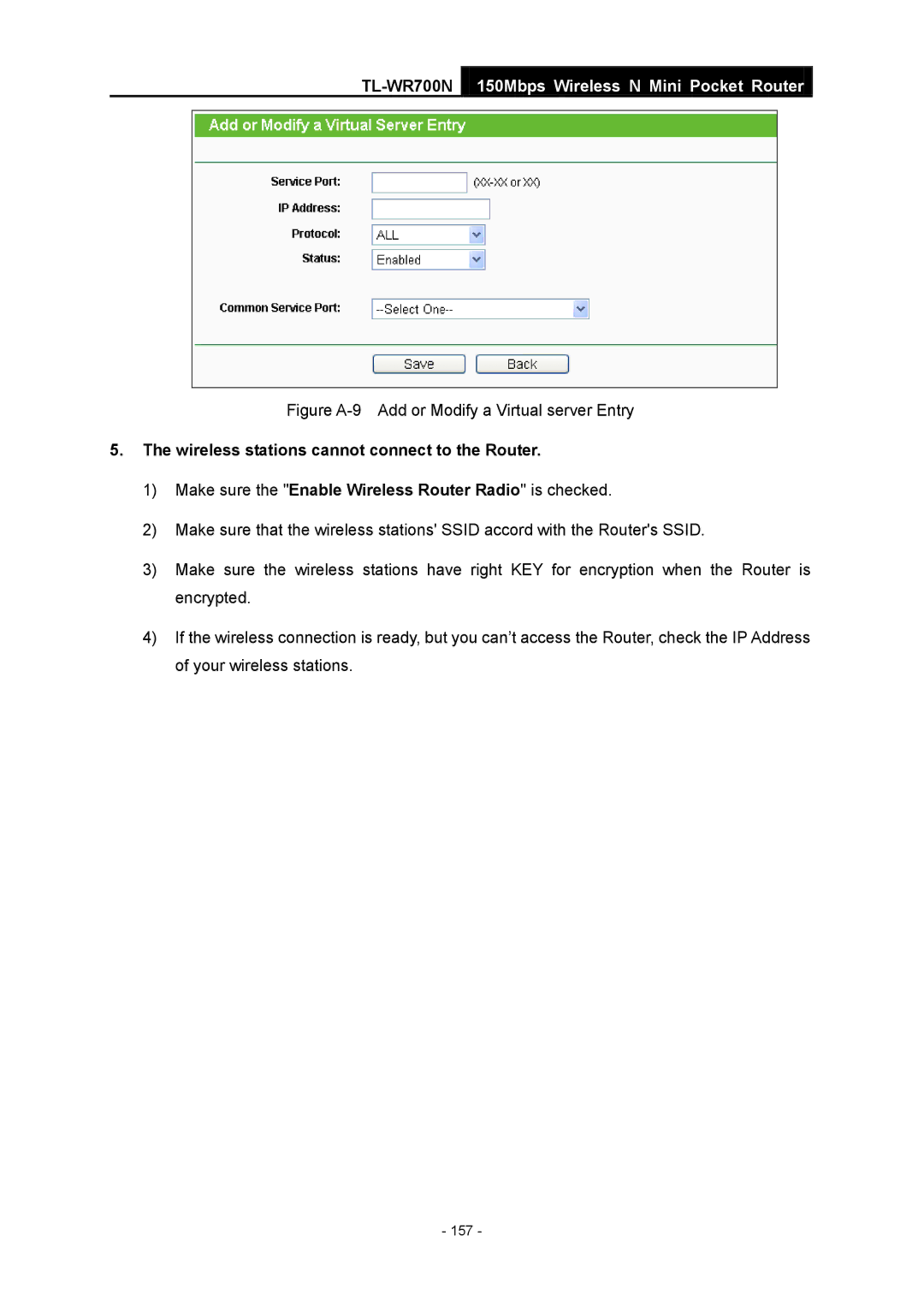 TP-Link TL-WR700N manual Figure A-9 Add or Modify a Virtual server Entry, Wireless stations cannot connect to the Router 