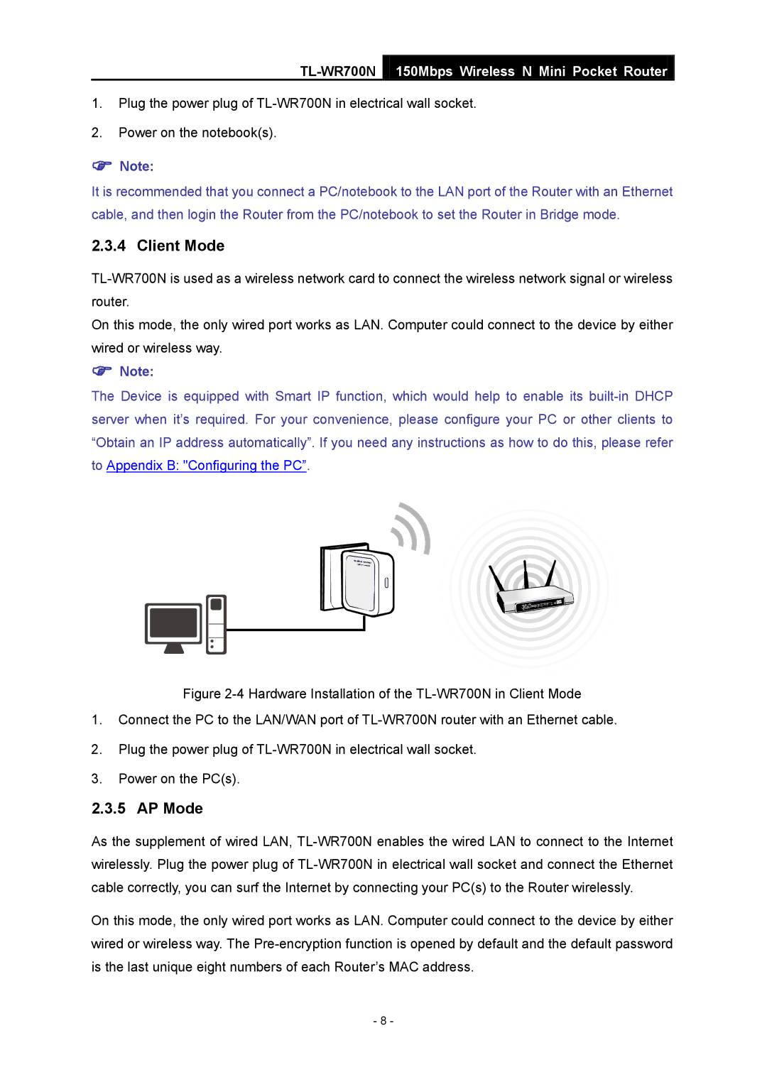 TP-Link TL-WR700N manual Client Mode, AP Mode 