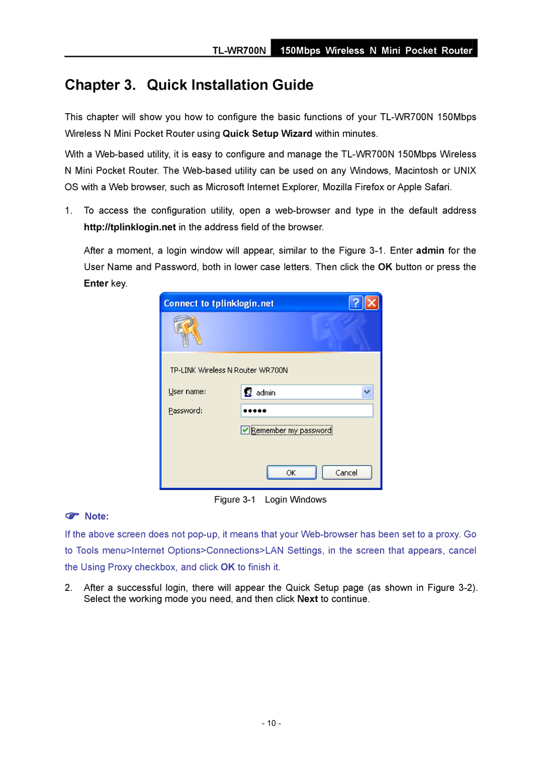 TP-Link TL-WR700N manual Quick Installation Guide, Login Windows 