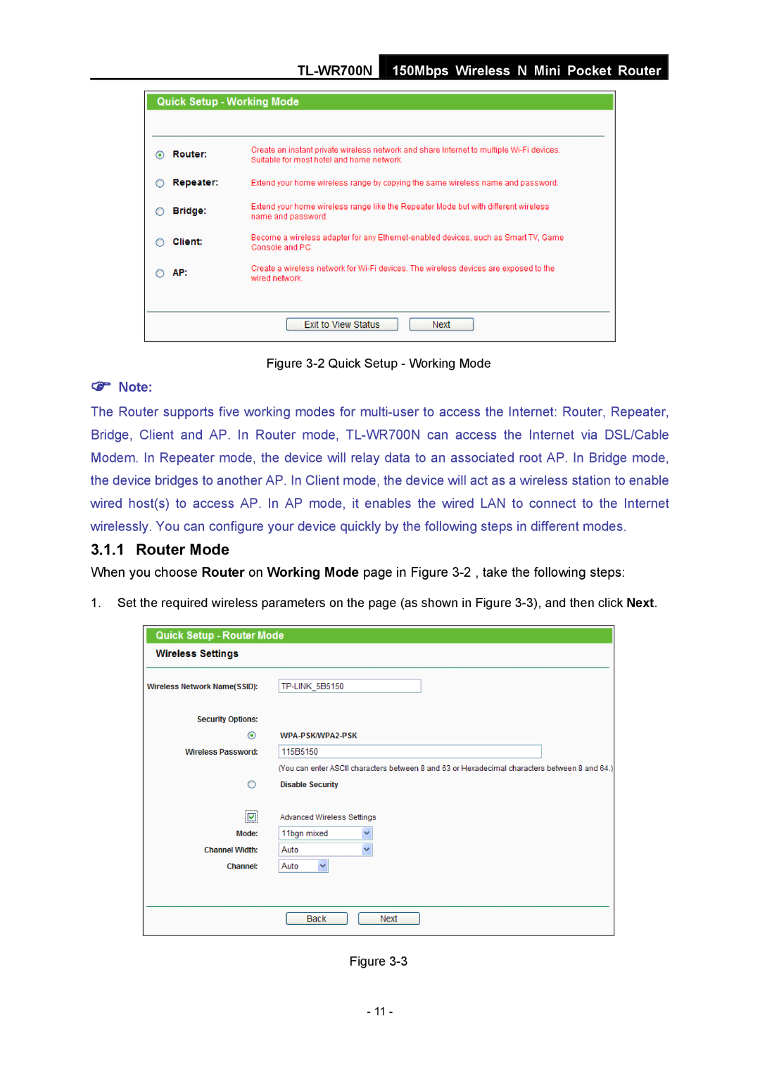 TP-Link TL-WR700N manual Quick Setup Working Mode 