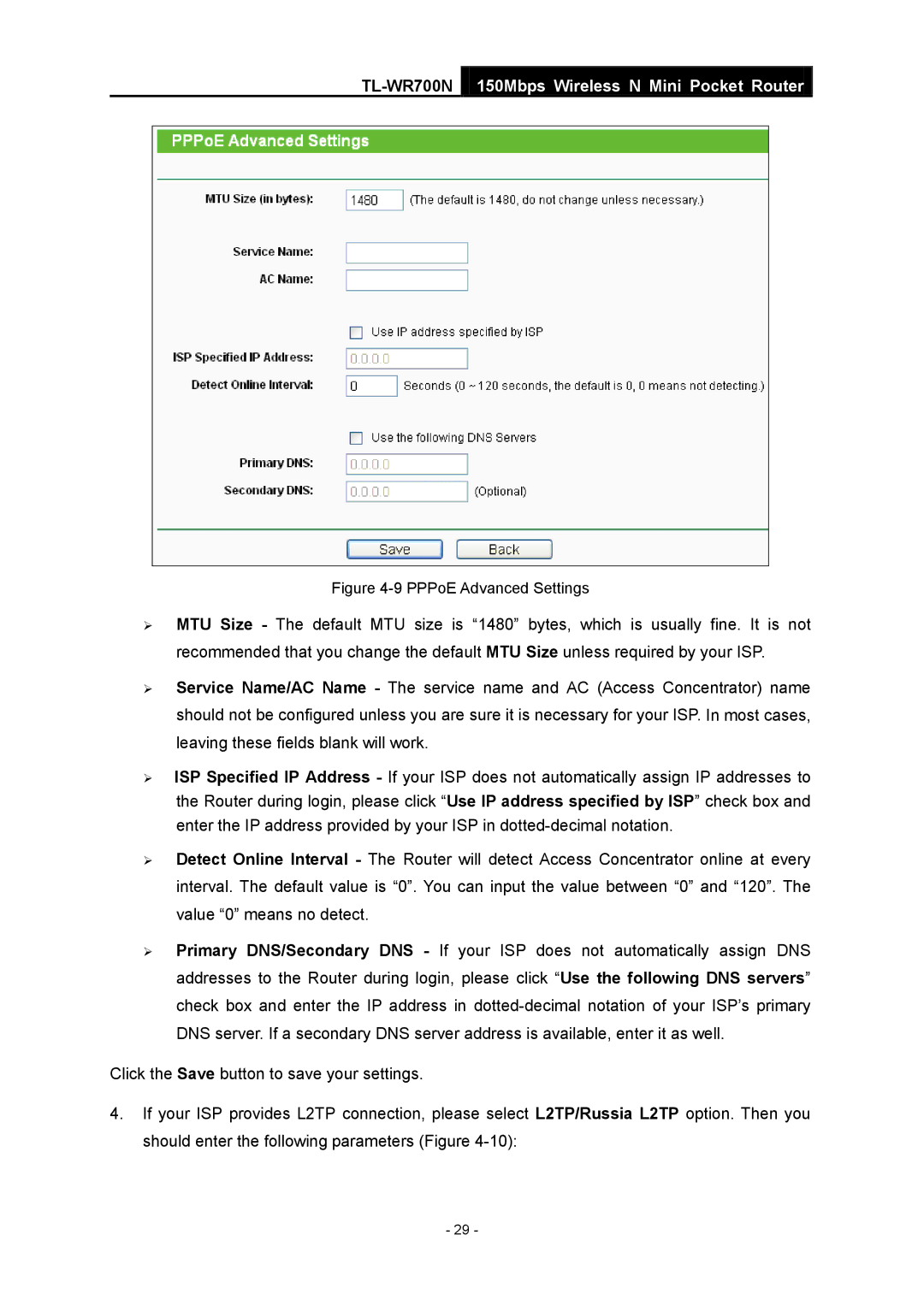 TP-Link TL-WR700N manual PPPoE Advanced Settings 