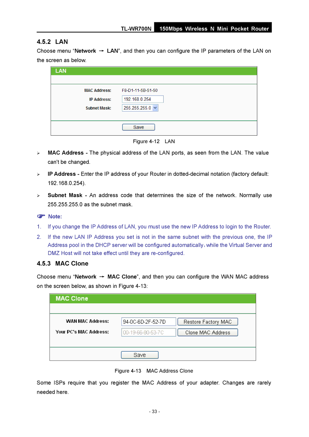 TP-Link TL-WR700N manual 2 LAN, MAC Clone 