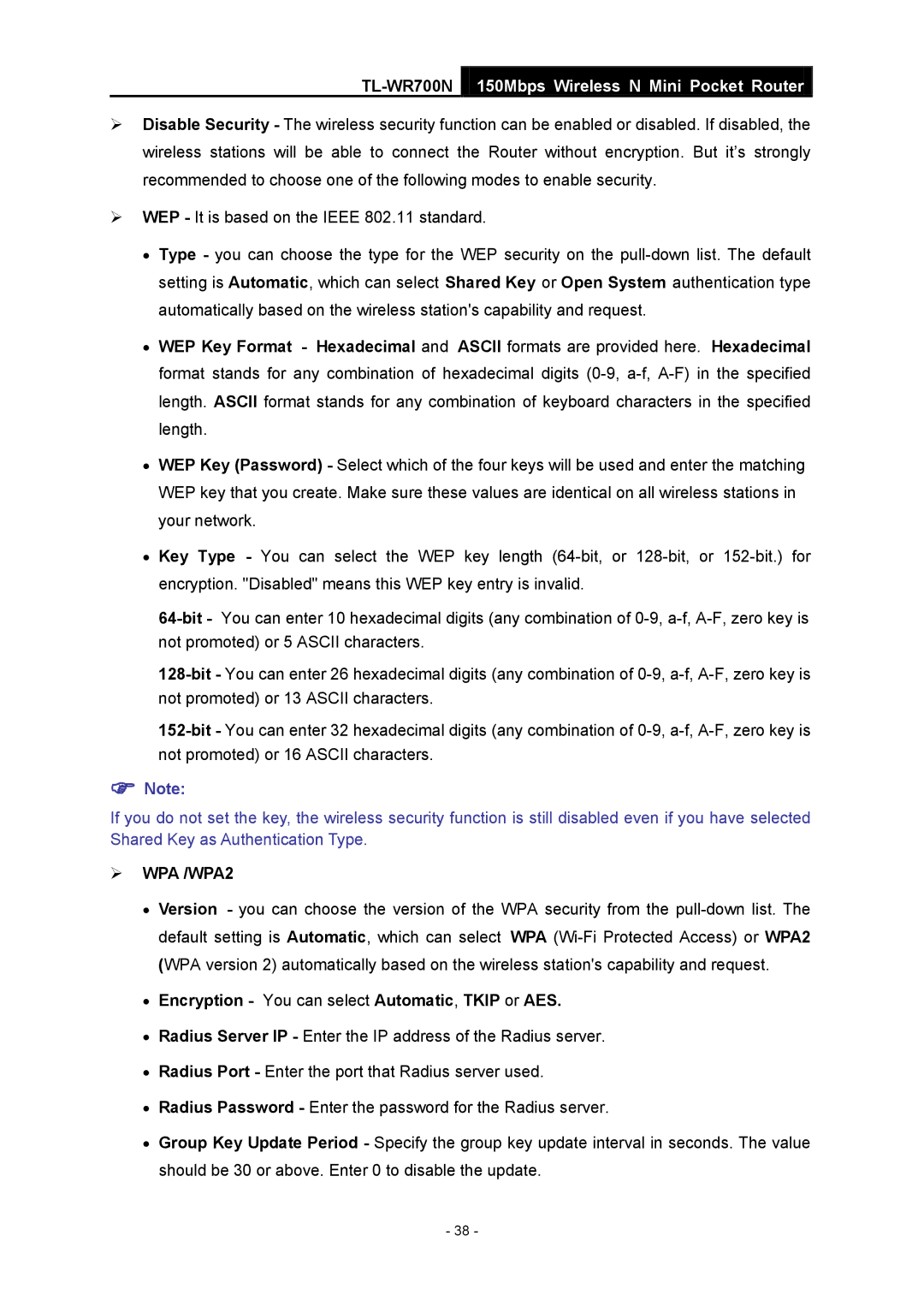 TP-Link TL-WR700N manual  WPA /WPA2, Encryption You can select Automatic, Tkip or AES 