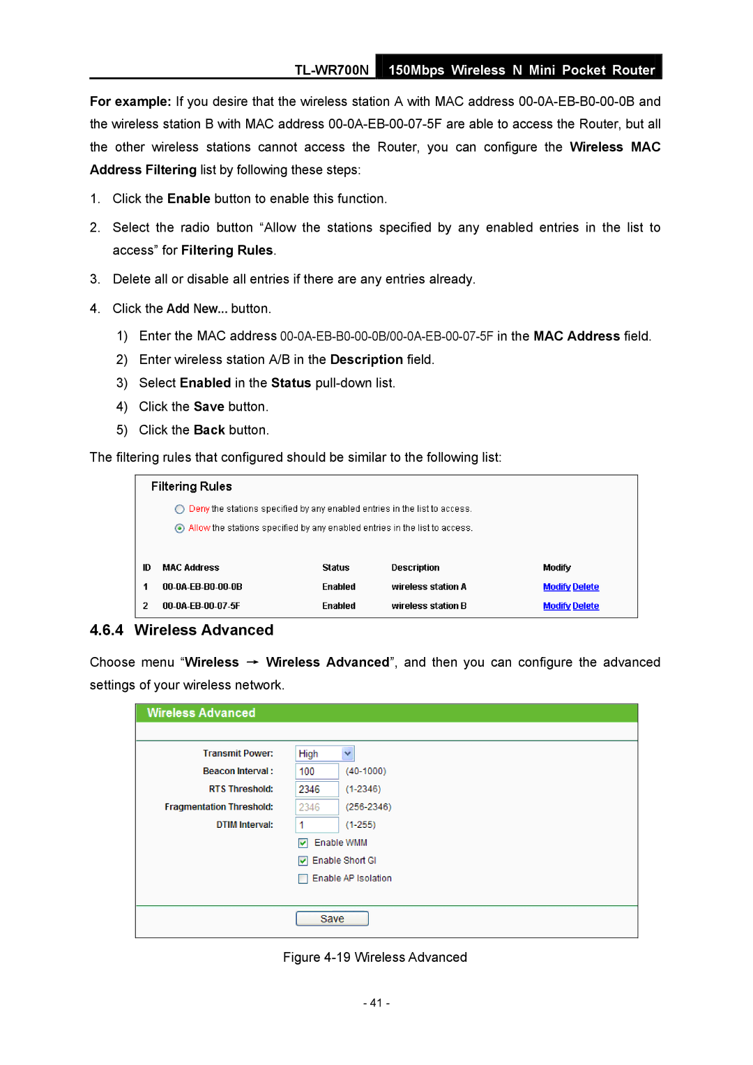 TP-Link TL-WR700N manual Wireless Advanced 