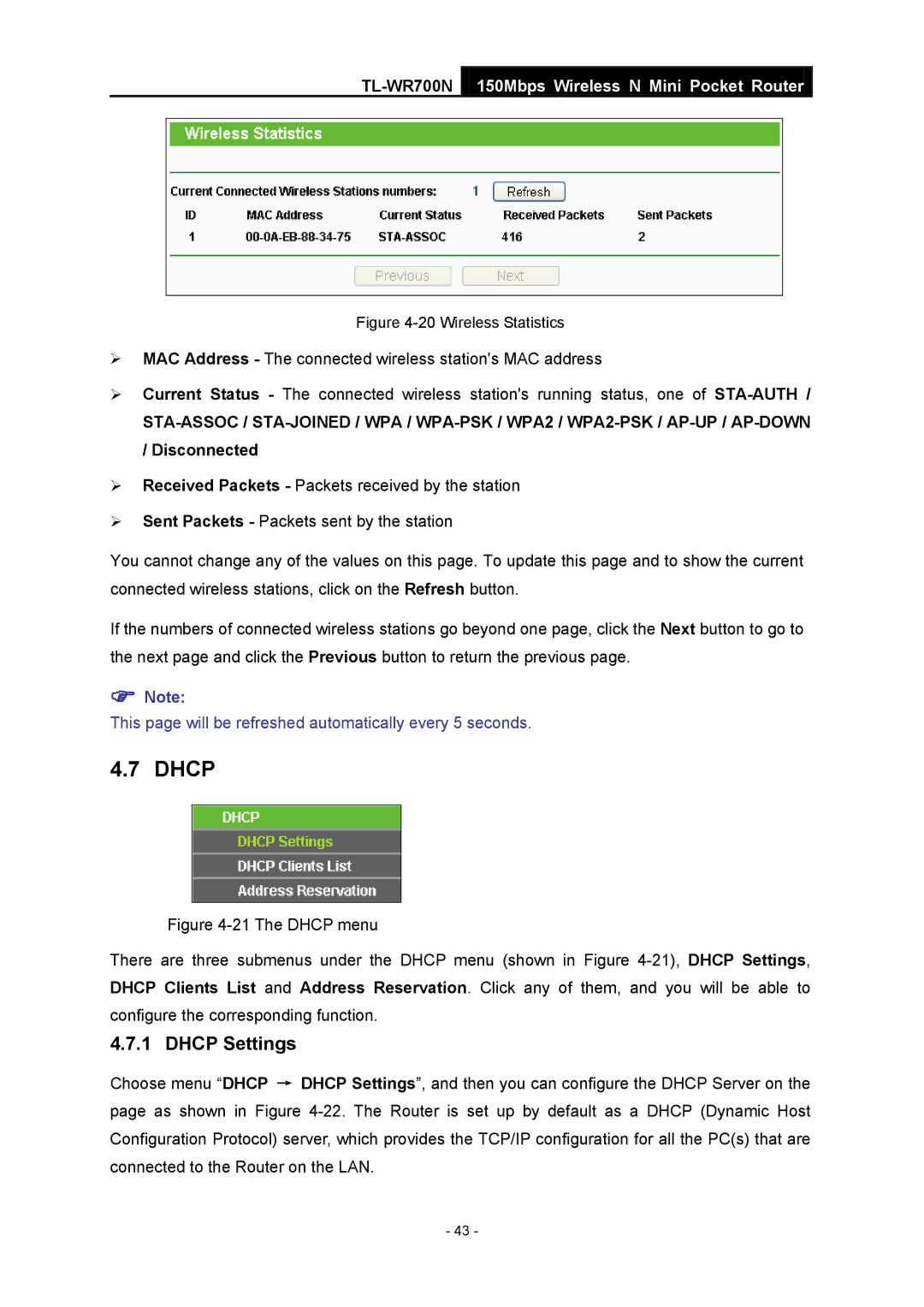 TP-Link TL-WR700N manual Dhcp Settings 