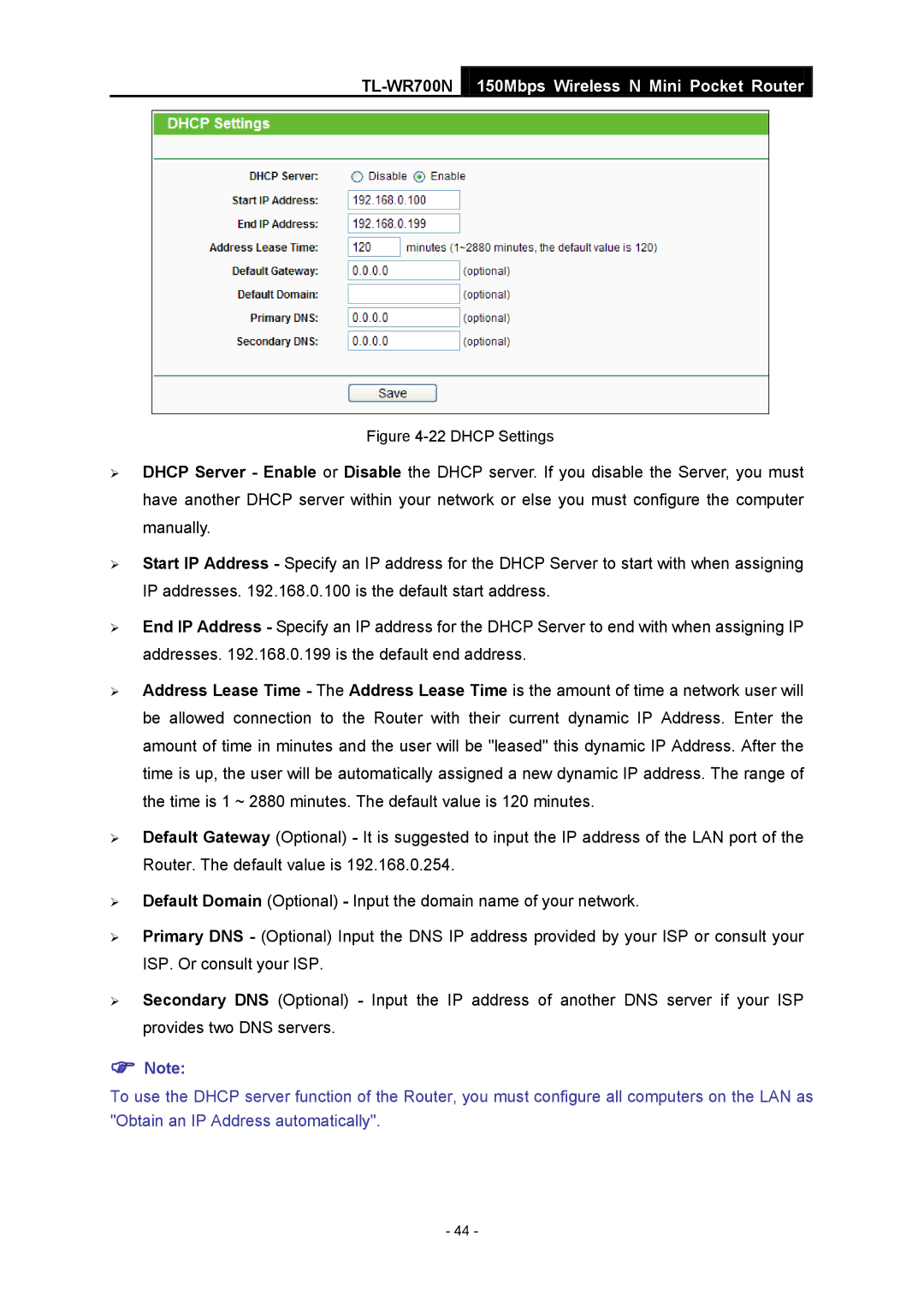 TP-Link TL-WR700N manual Dhcp Settings 