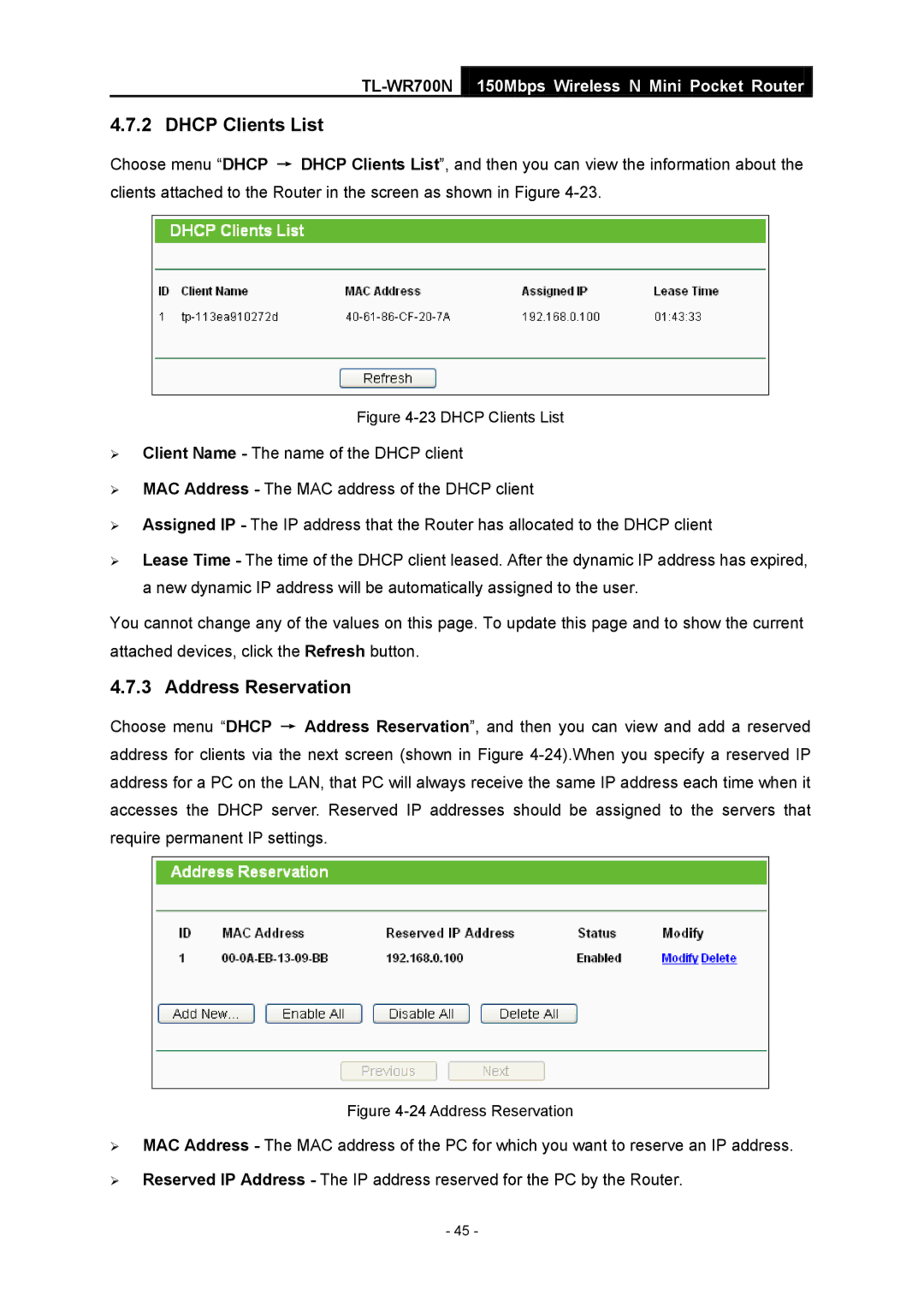 TP-Link TL-WR700N manual Dhcp Clients List, Address Reservation 