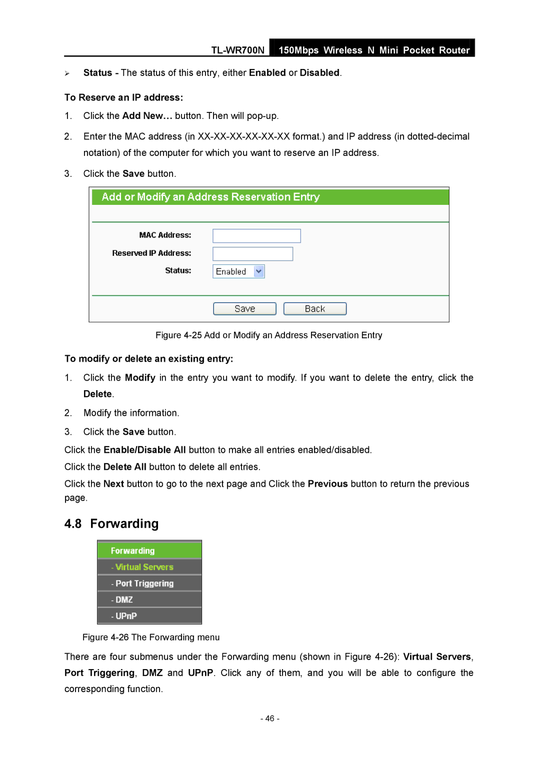 TP-Link TL-WR700N manual Forwarding, To Reserve an IP address 