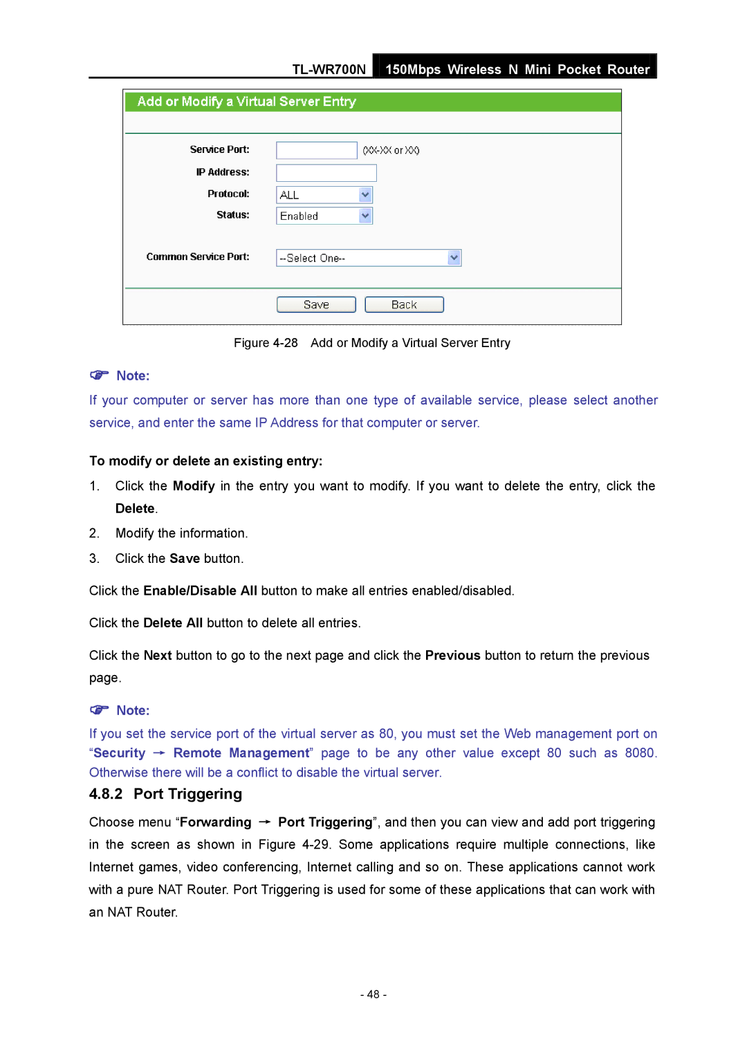 TP-Link TL-WR700N manual Port Triggering, Add or Modify a Virtual Server Entry 