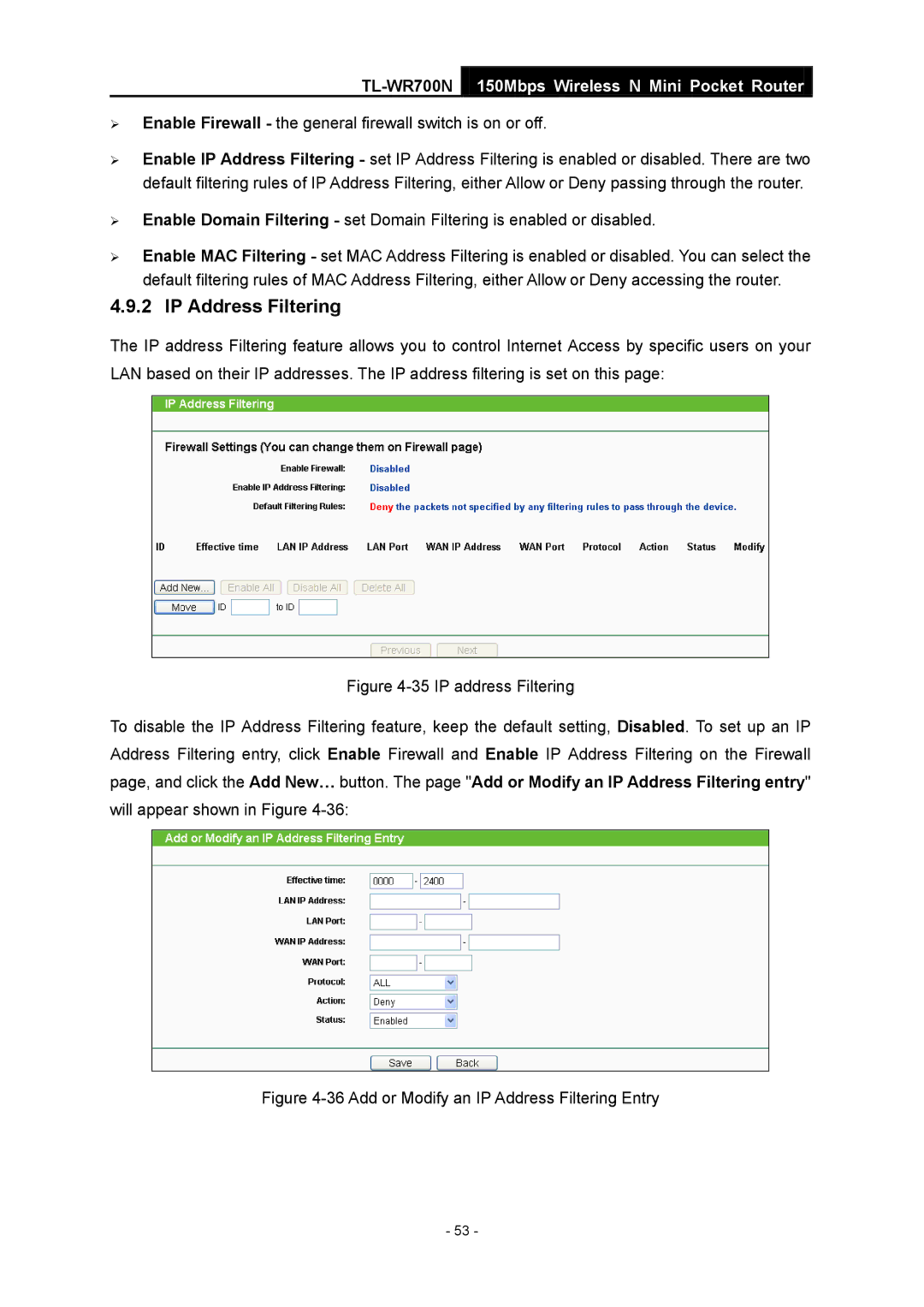 TP-Link TL-WR700N manual IP Address Filtering,  Enable Firewall the general firewall switch is on or off 