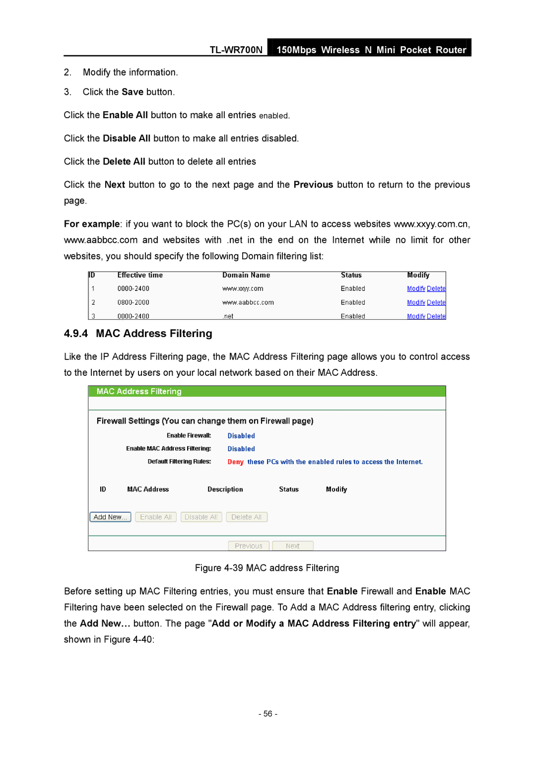 TP-Link TL-WR700N manual MAC Address Filtering 