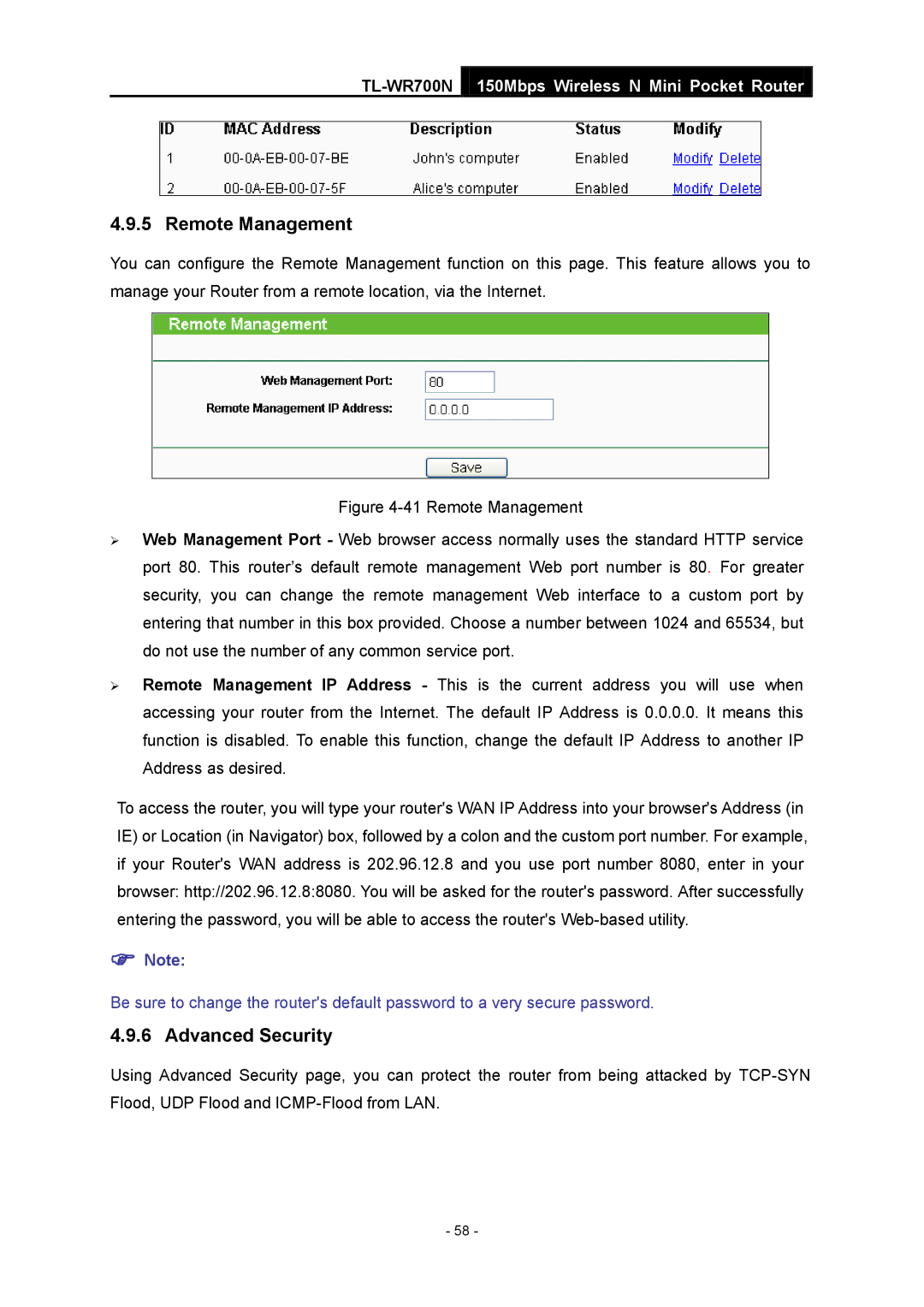 TP-Link TL-WR700N manual Remote Management, Advanced Security 