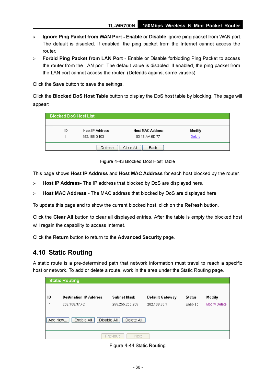 TP-Link TL-WR700N manual Static Routing, Blocked DoS Host Table 