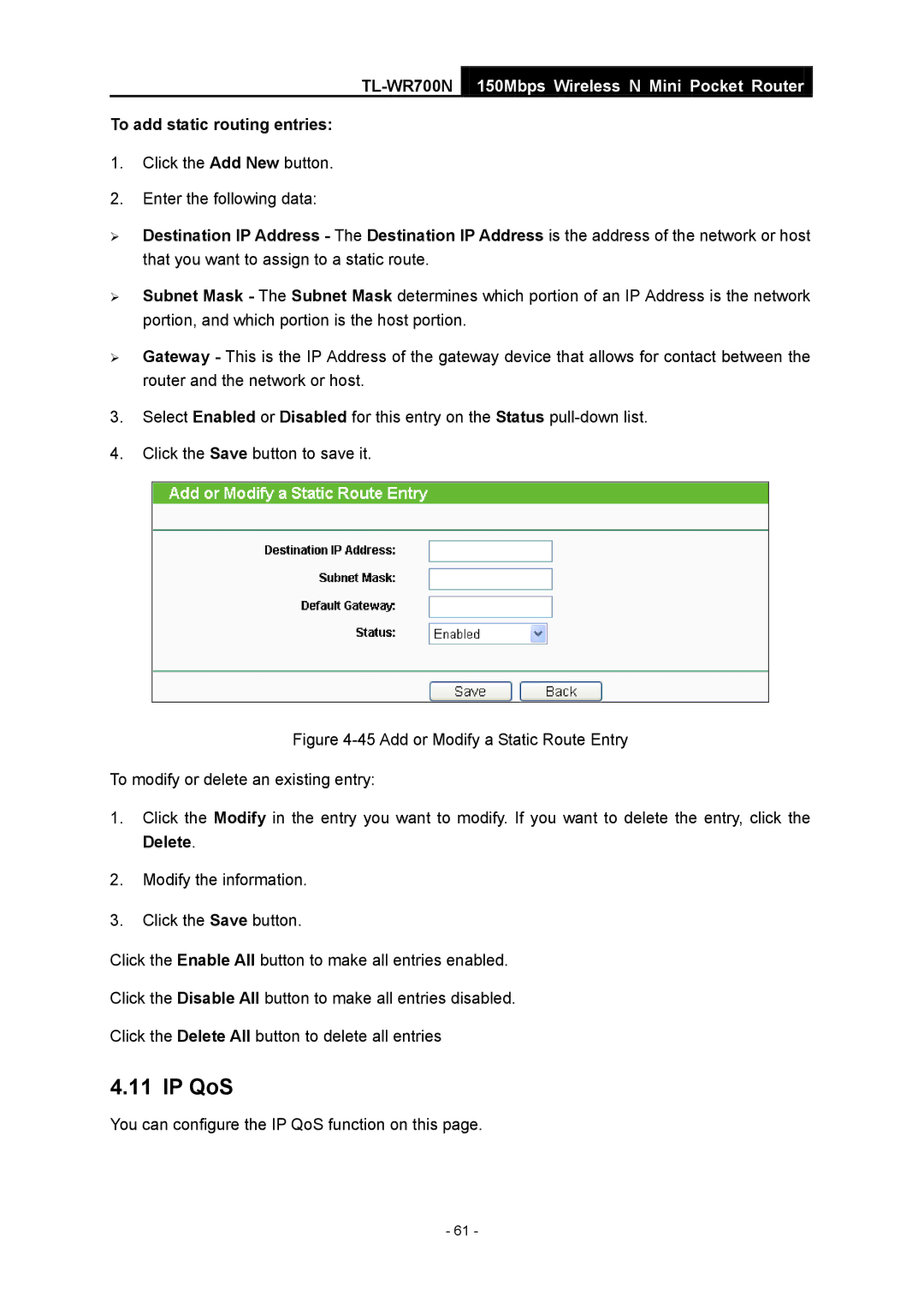 TP-Link TL-WR700N manual IP QoS, To add static routing entries 