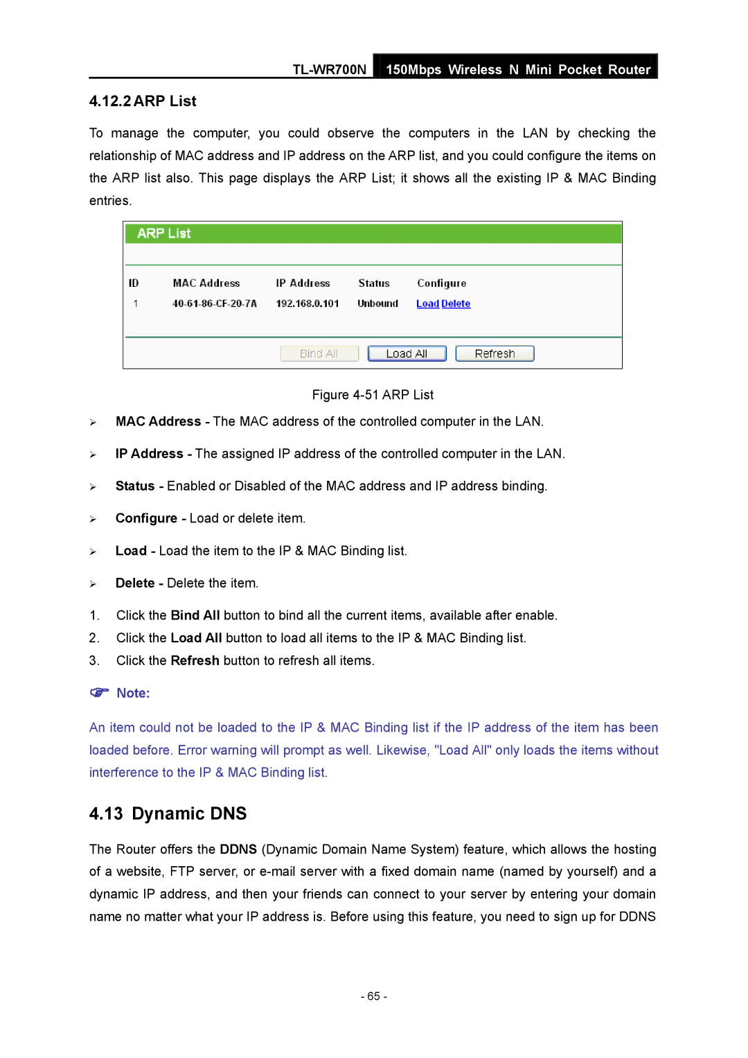 TP-Link TL-WR700N manual Dynamic DNS, ARP List 