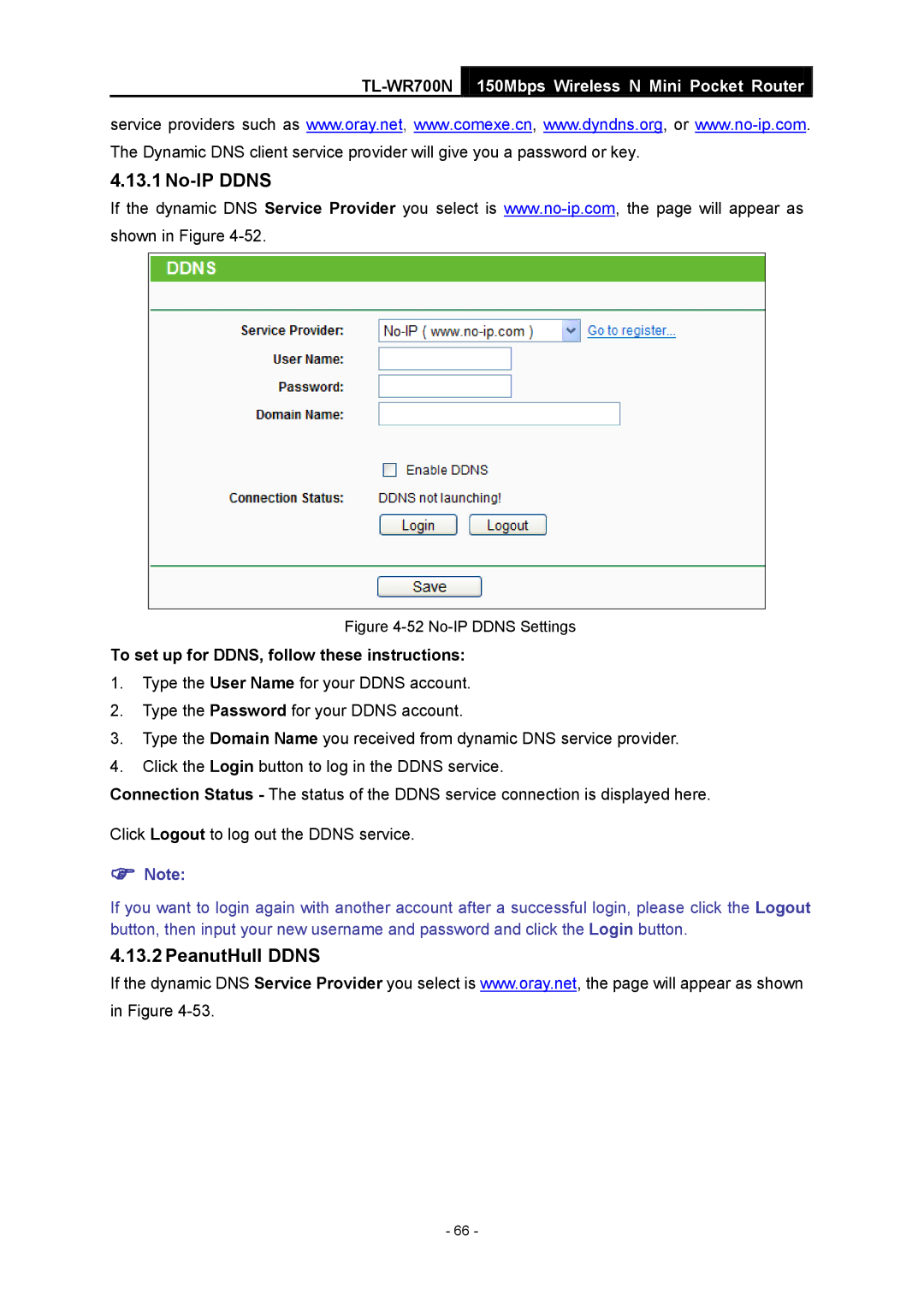 TP-Link TL-WR700N manual No-IP Ddns, PeanutHull Ddns, To set up for DDNS, follow these instructions 