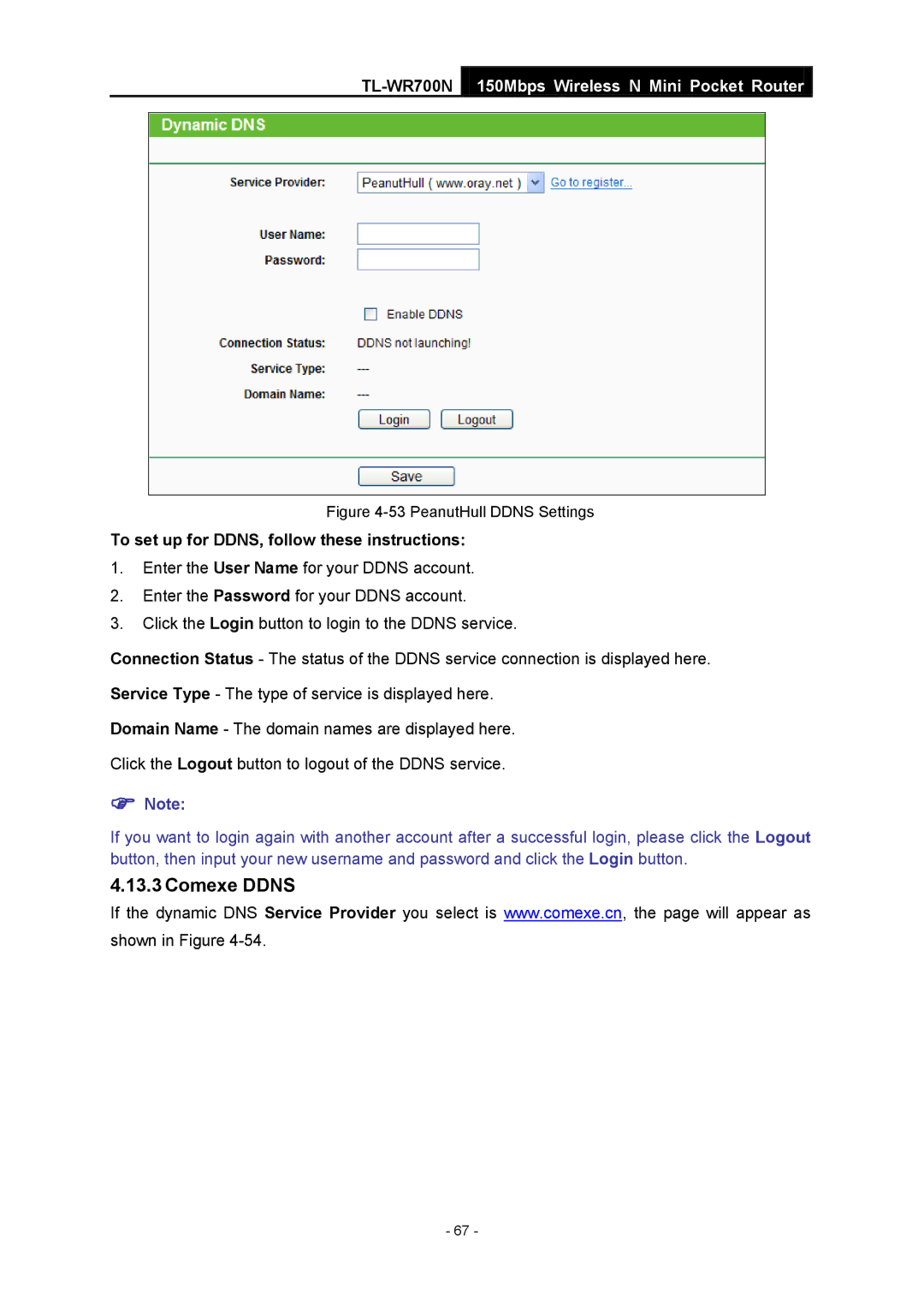 TP-Link TL-WR700N manual Comexe Ddns, PeanutHull Ddns Settings 