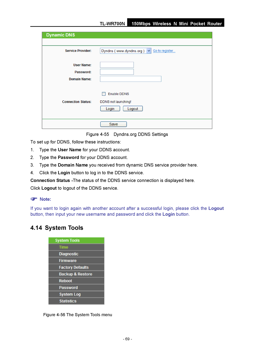 TP-Link TL-WR700N manual The System Tools menu 