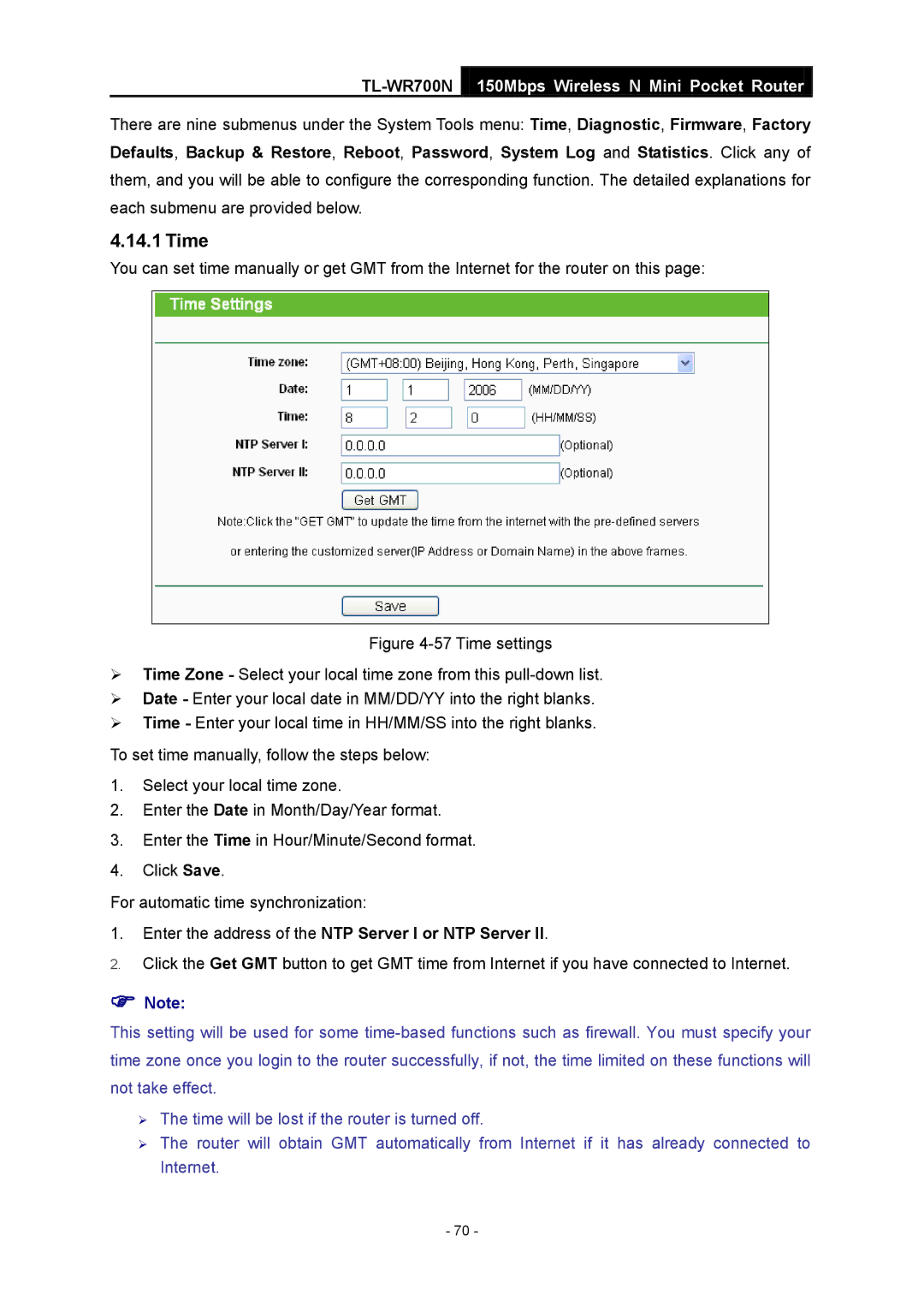 TP-Link TL-WR700N manual Time, Enter the address of the NTP Server I or NTP Server 