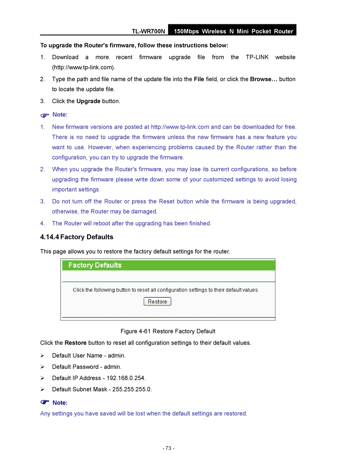 TP-Link TL-WR700N manual Factory Defaults 