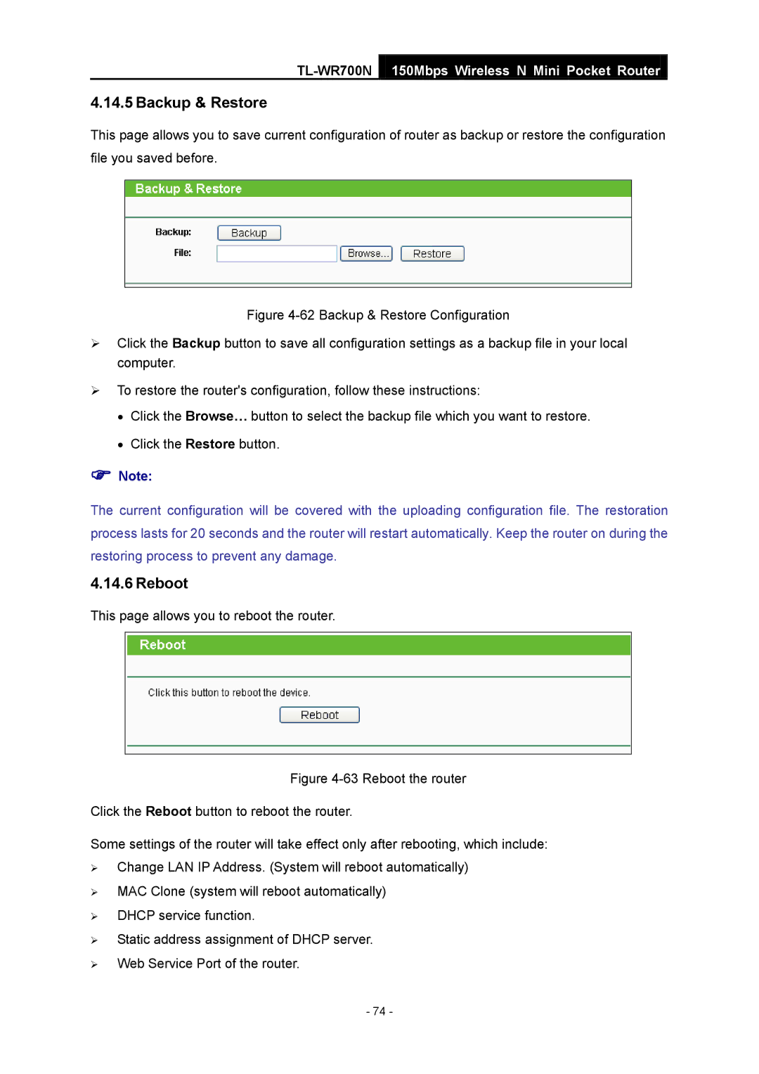 TP-Link TL-WR700N manual Backup & Restore, Reboot 