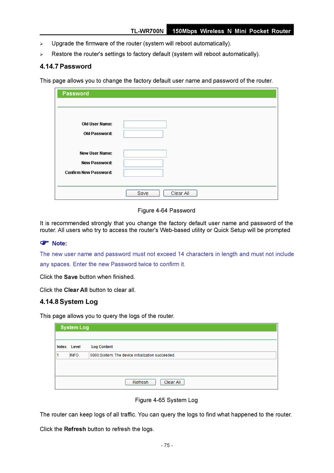 TP-Link TL-WR700N manual Password, System Log 