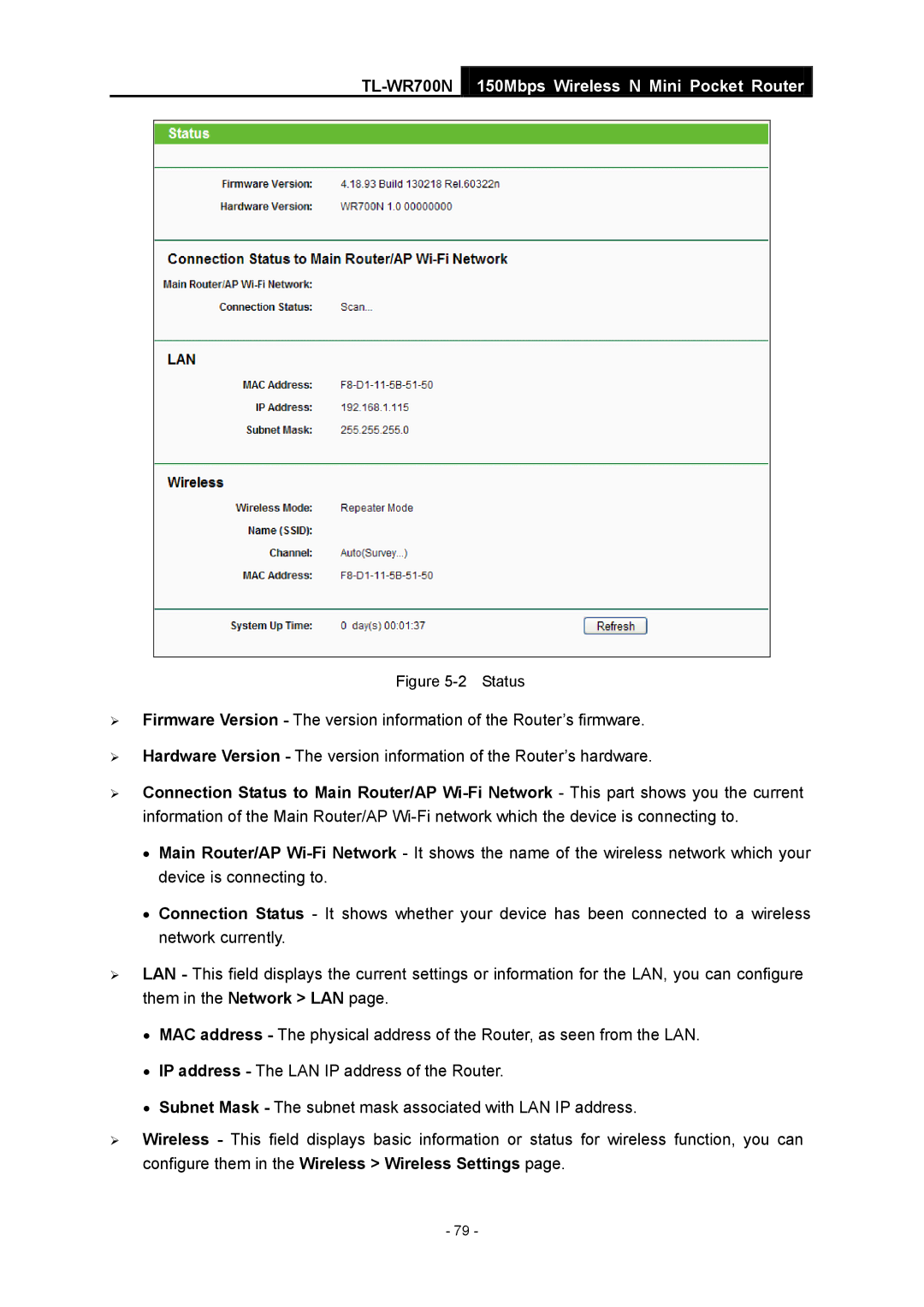 TP-Link TL-WR700N manual Status 