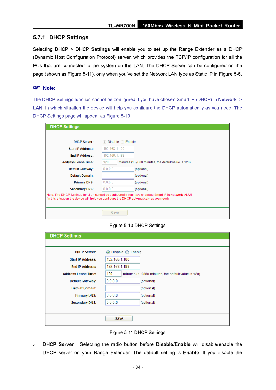 TP-Link TL-WR700N manual Dhcp Settings 