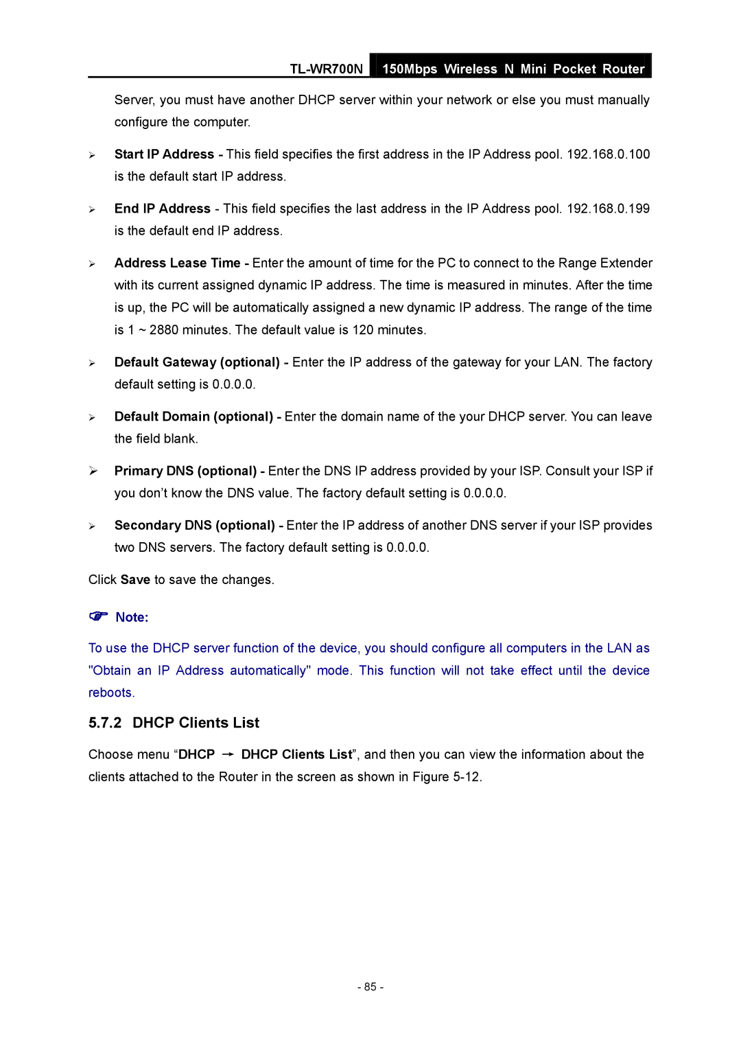 TP-Link TL-WR700N manual Dhcp Clients List 