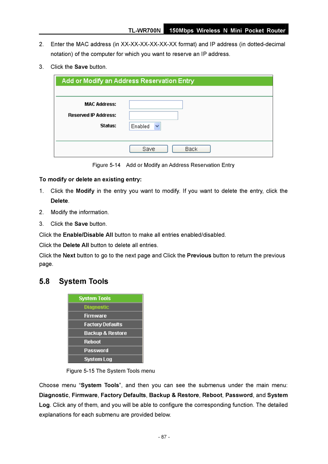 TP-Link TL-WR700N manual Add or Modify an Address Reservation Entry 