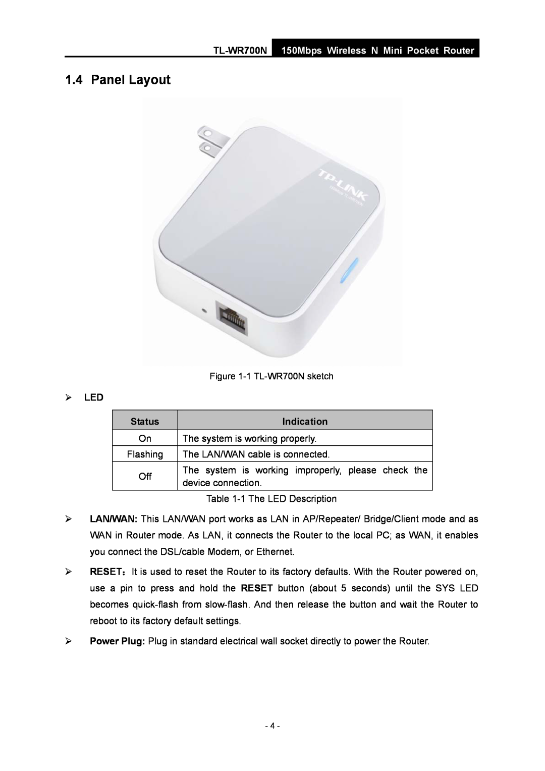 TP-Link TL-WR700N manual Panel Layout, ¾ LED, Status, Indication, 150Mbps Wireless N Mini Pocket Router 