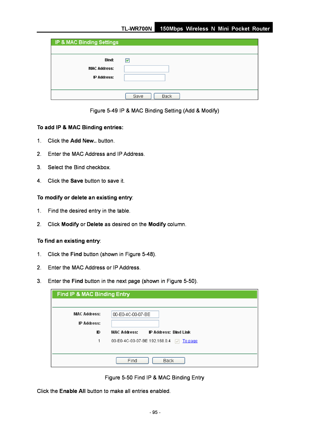 TP-Link TL-WR700N manual To add IP & MAC Binding entries, To find an existing entry, 150Mbps Wireless N Mini Pocket Router 