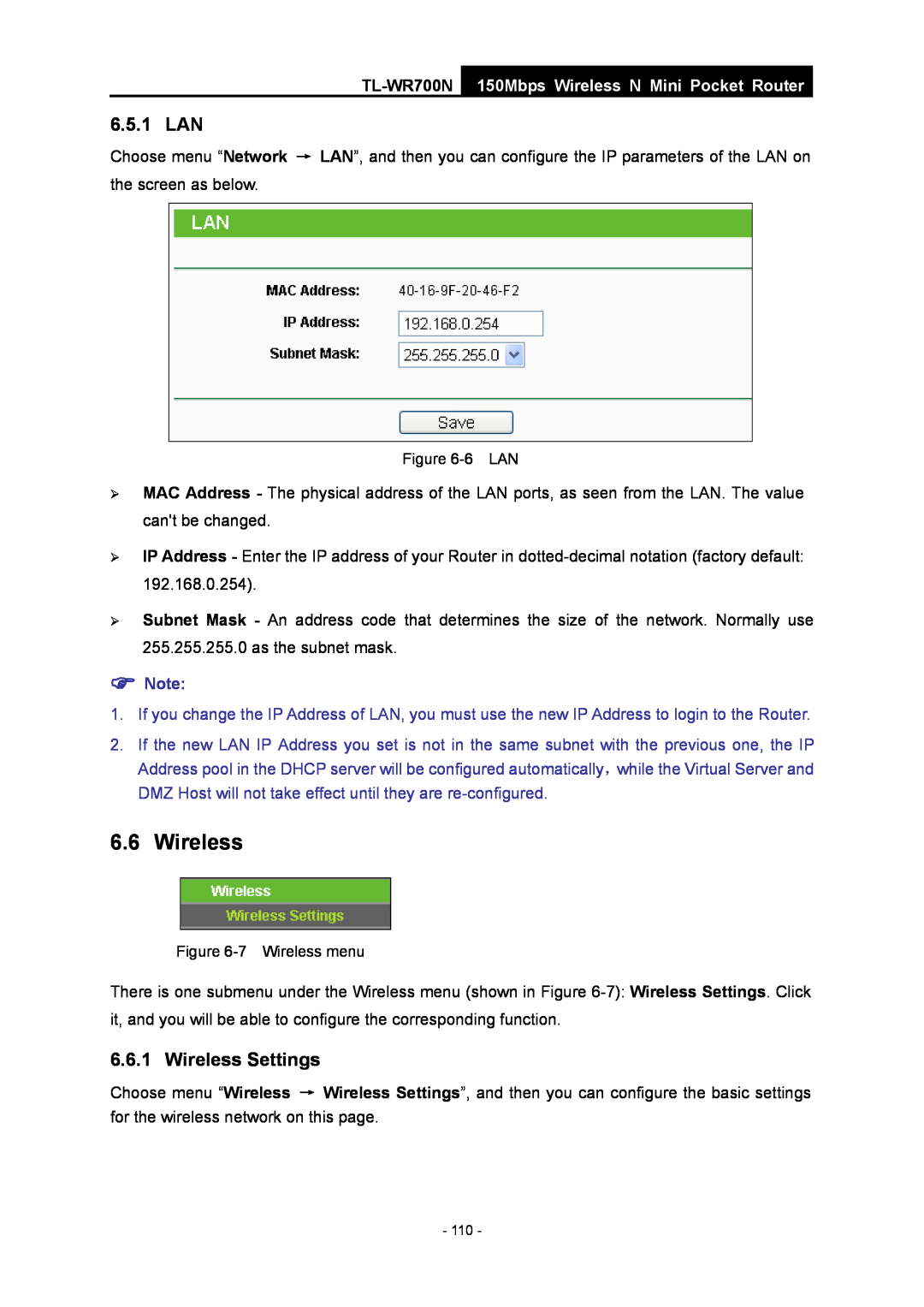 TP-Link TL-WR700N manual 6.5.1 LAN, Wireless Settings, 150Mbps Wireless N Mini Pocket Router 