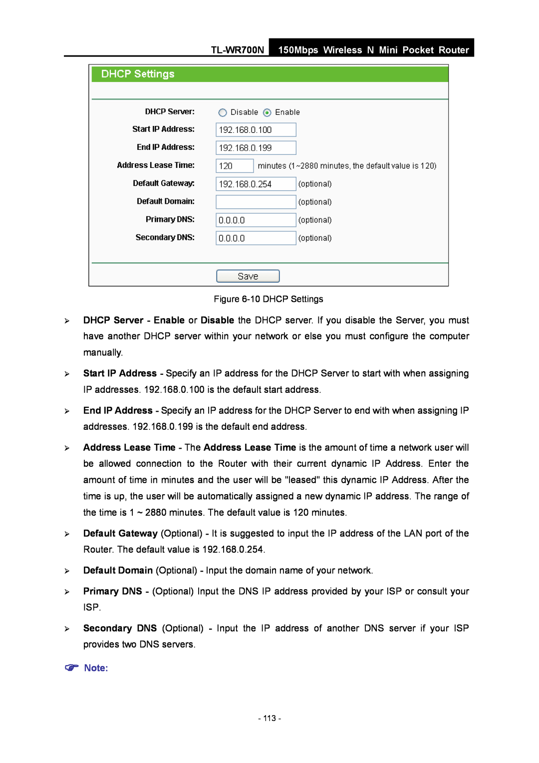 TP-Link TL-WR700N manual 150Mbps Wireless N Mini Pocket Router, 10 DHCP Settings 