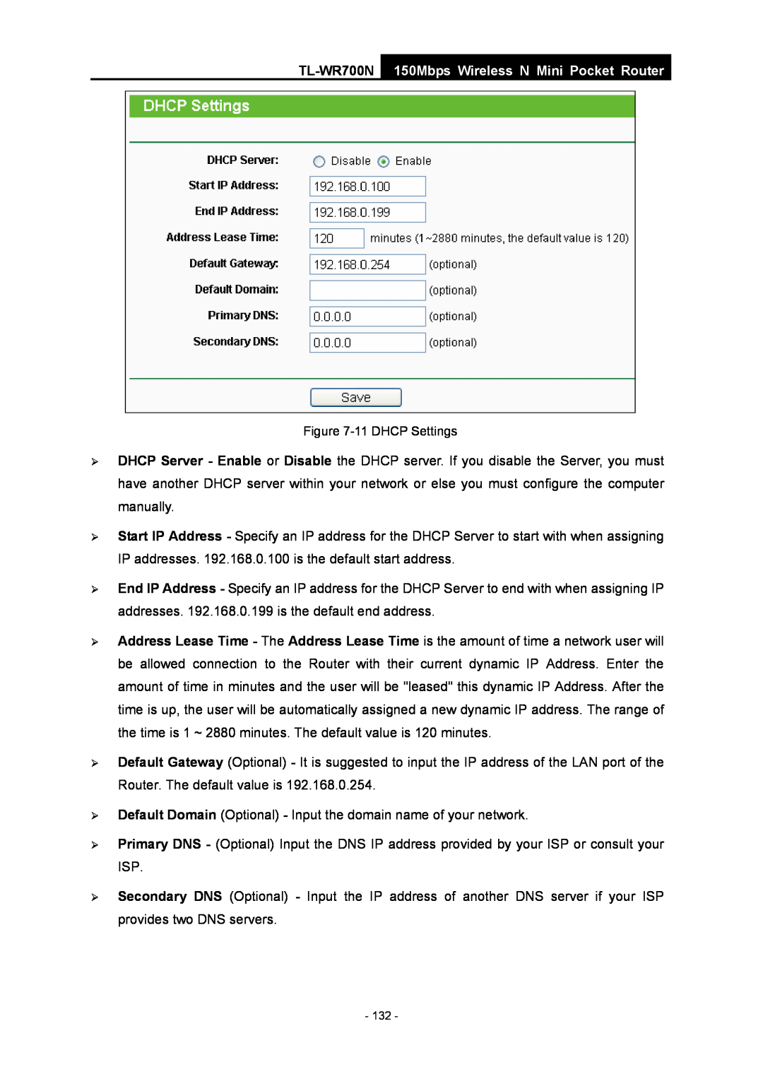 TP-Link TL-WR700N manual 150Mbps Wireless N Mini Pocket Router, 11 DHCP Settings 