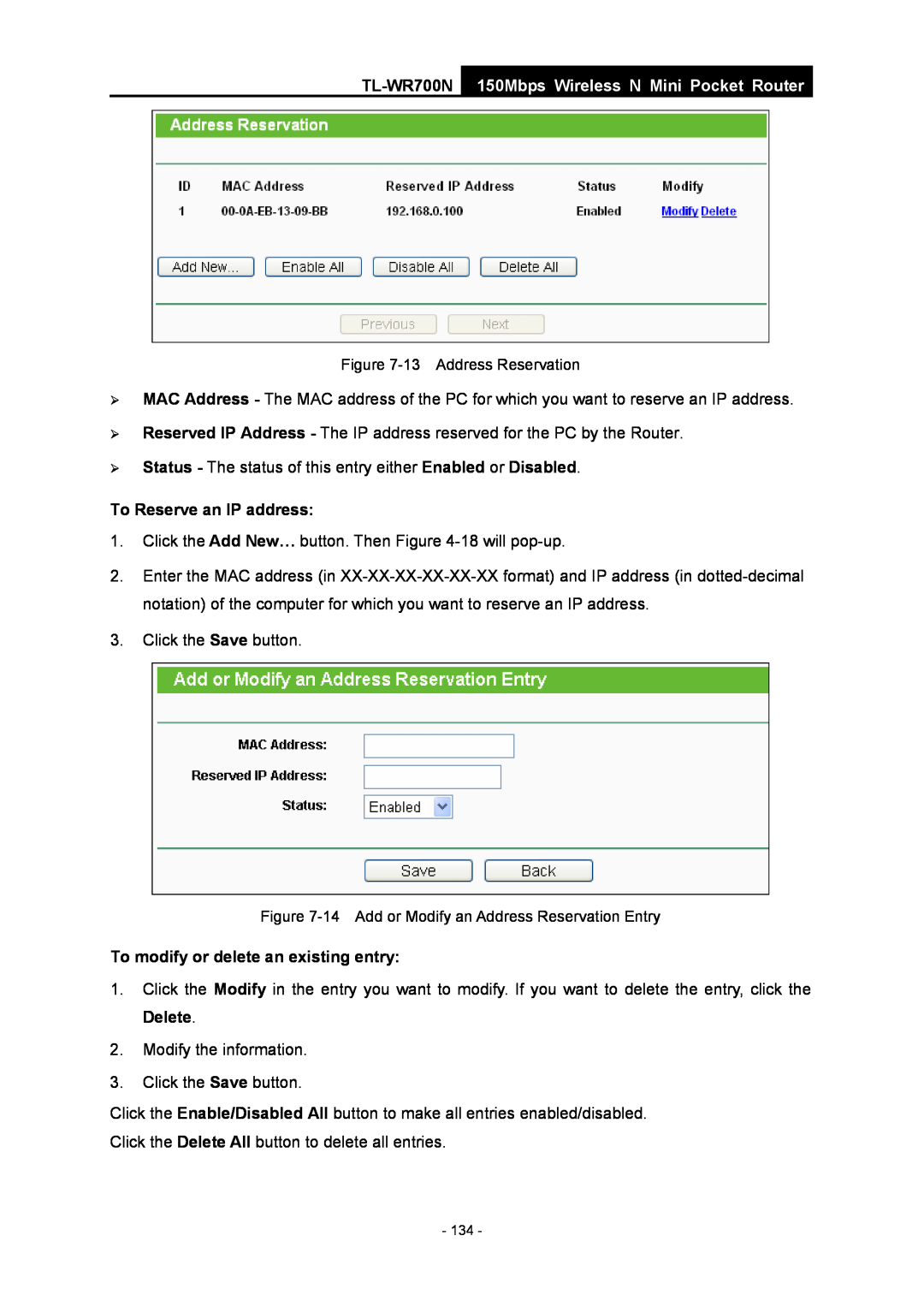 TP-Link TL-WR700N 150Mbps Wireless N Mini Pocket Router, To Reserve an IP address, To modify or delete an existing entry 