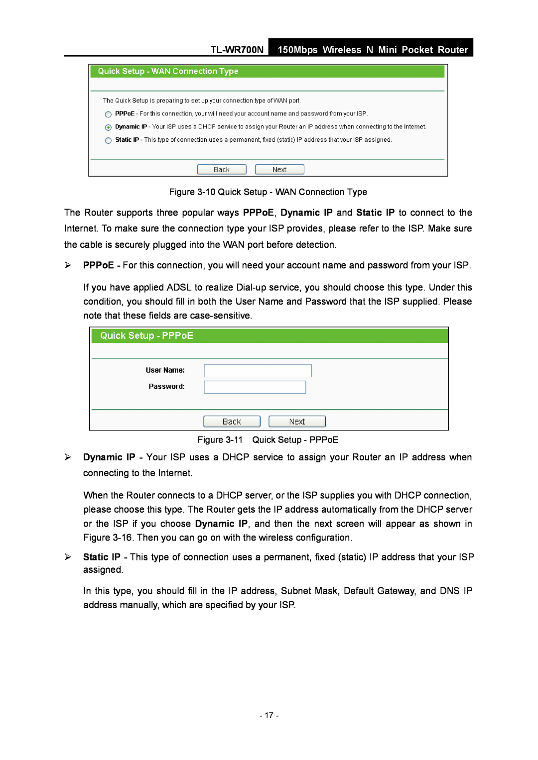 TP-Link TL-WR700N 150Mbps Wireless N Mini Pocket Router, 10 Quick Setup - WAN Connection Type, 11 Quick Setup - PPPoE 