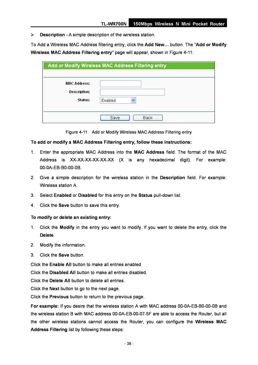 TP-Link TL-WR700N manual To modify or delete an existing entry, 150Mbps Wireless N Mini Pocket Router 