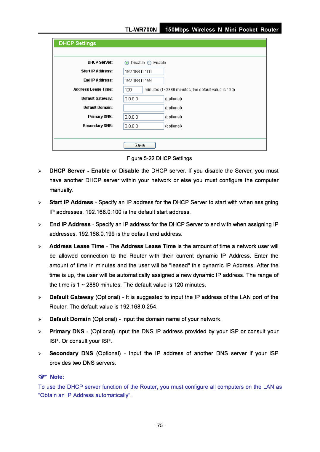 TP-Link TL-WR700N manual 150Mbps Wireless N Mini Pocket Router, 22 DHCP Settings 