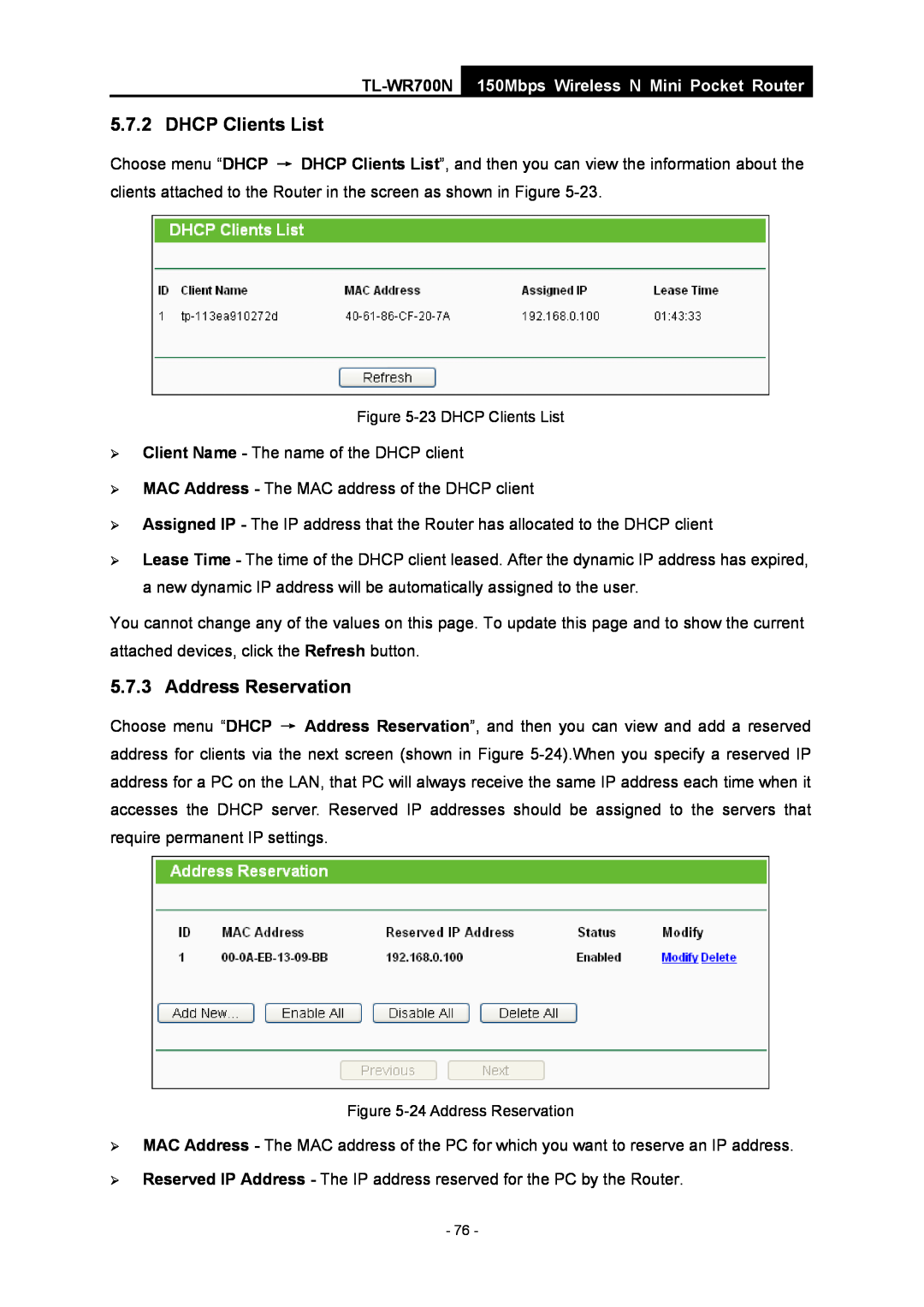 TP-Link TL-WR700N manual Address Reservation, 150Mbps Wireless N Mini Pocket Router, 23 DHCP Clients List 