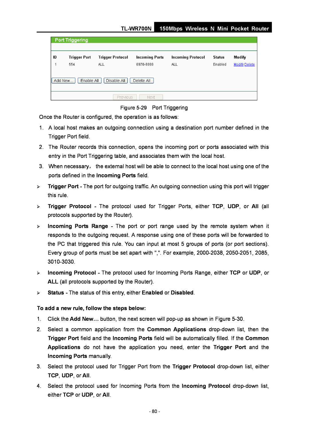 TP-Link TL-WR700N manual To add a new rule, follow the steps below, 150Mbps Wireless N Mini Pocket Router 