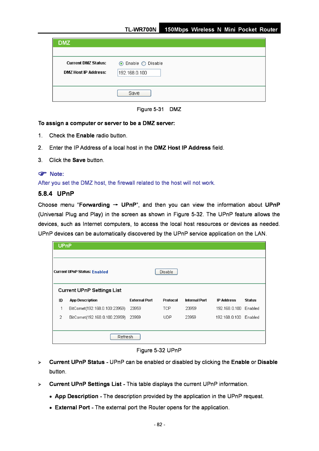 TP-Link TL-WR700N UPnP, To assign a computer or server to be a DMZ server, 150Mbps Wireless N Mini Pocket Router, 31 DMZ 