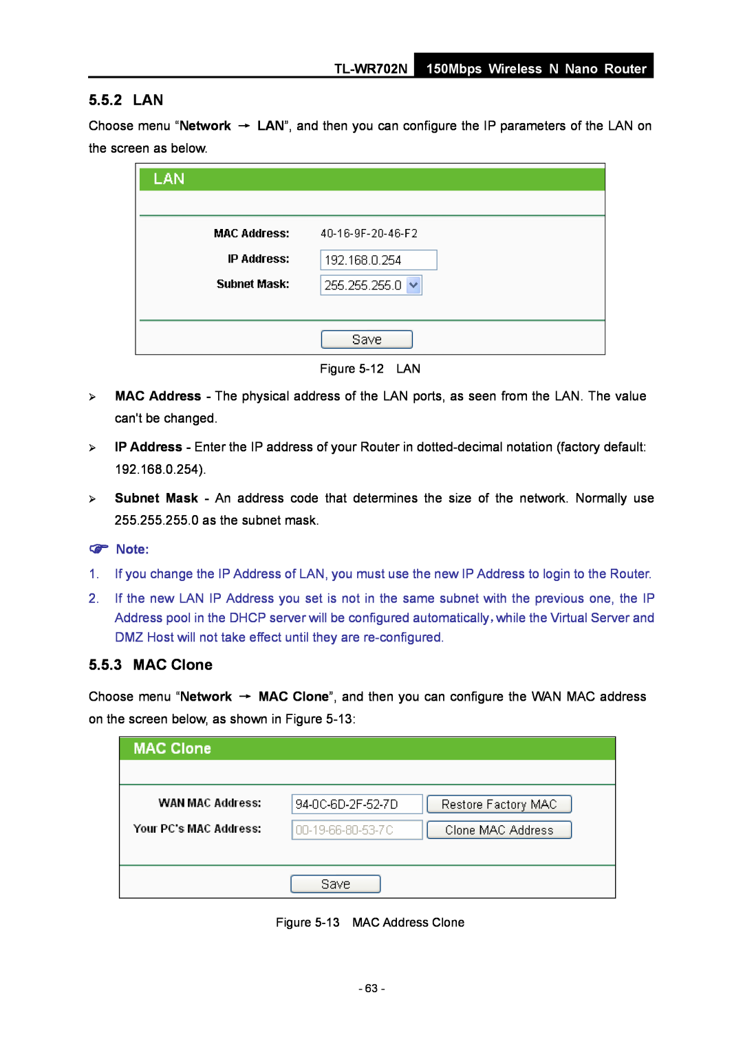 TP-Link TL-WR702N manual 5.5.2 LAN, MAC Clone, 150Mbps Wireless N Nano Router, 12 LAN, 13 MAC Address Clone 