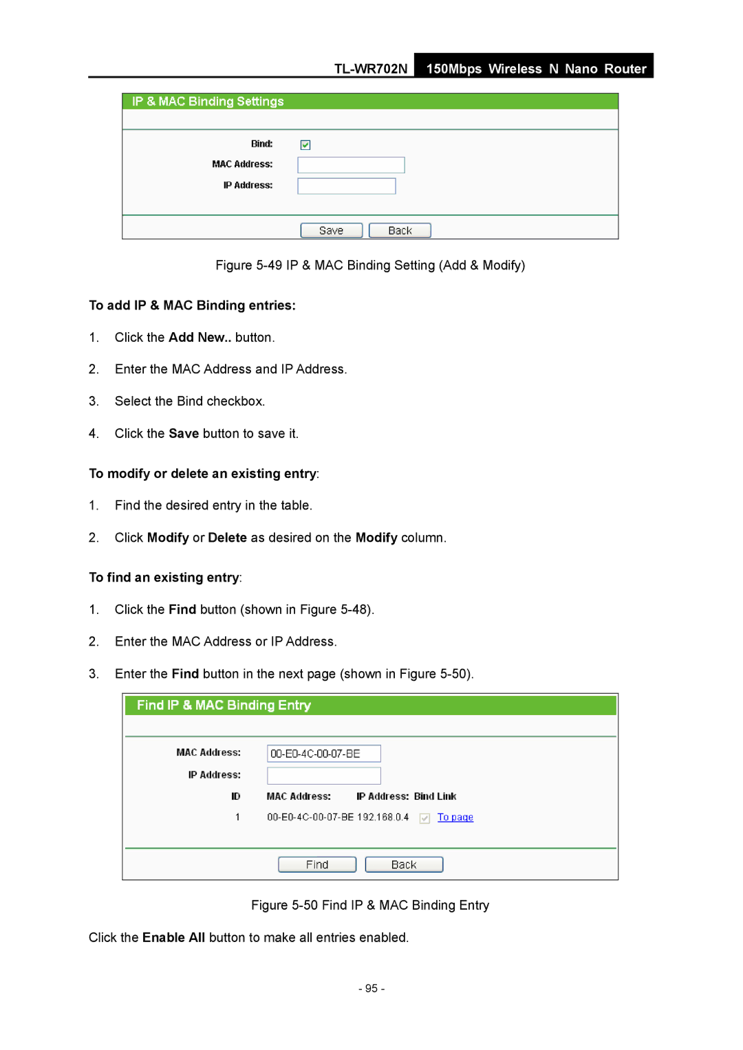 TP-Link TL-WR702N manual To add IP & MAC Binding entries, To find an existing entry 