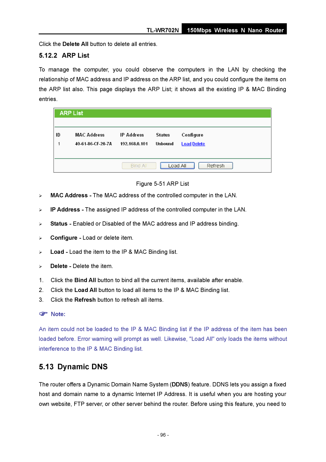 TP-Link TL-WR702N manual Dynamic DNS, ARP List 