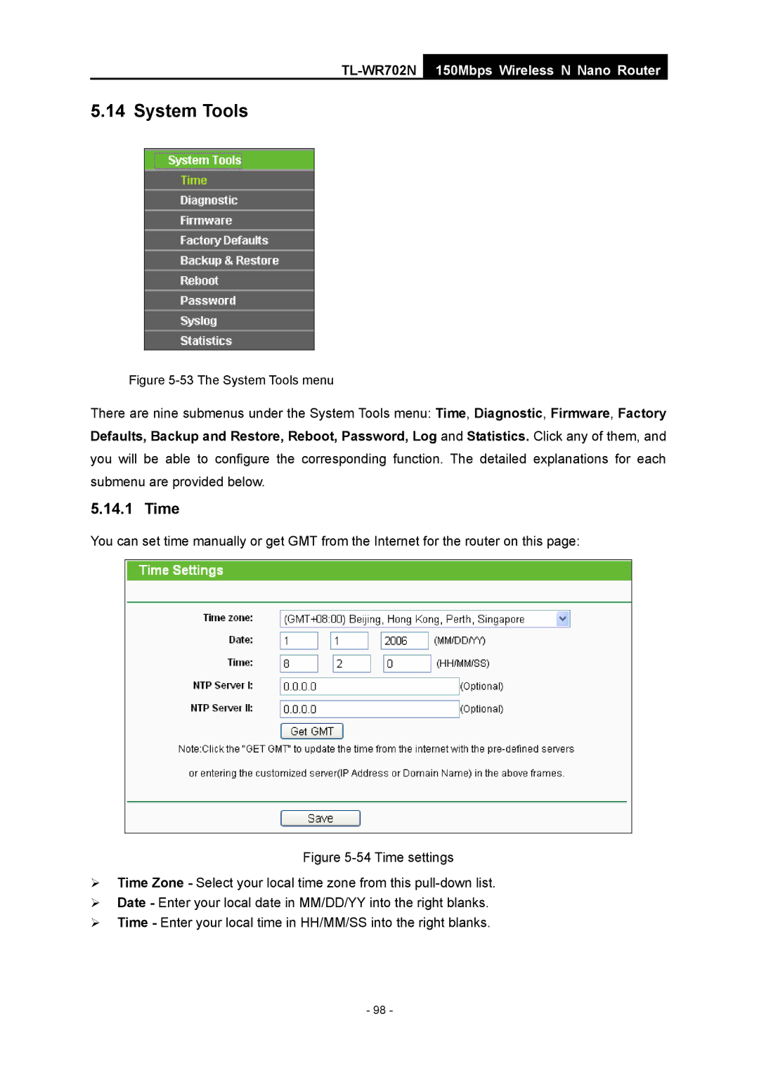 TP-Link TL-WR702N manual Time, The System Tools menu 