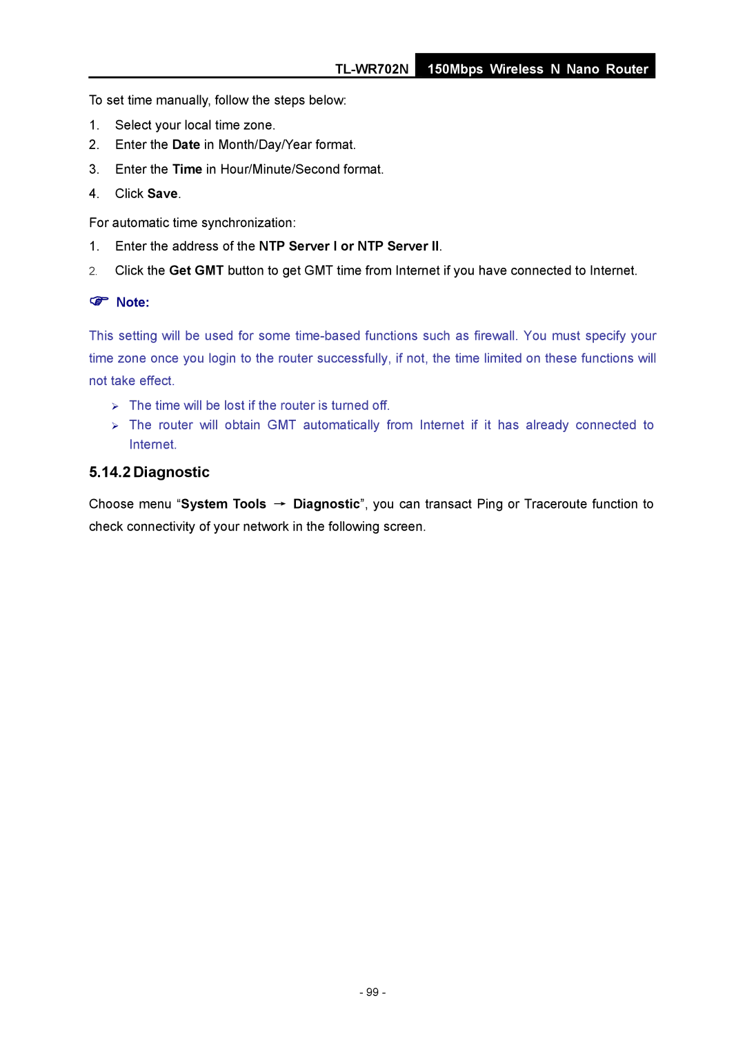 TP-Link TL-WR702N manual Diagnostic, Enter the address of the NTP Server I or NTP Server 