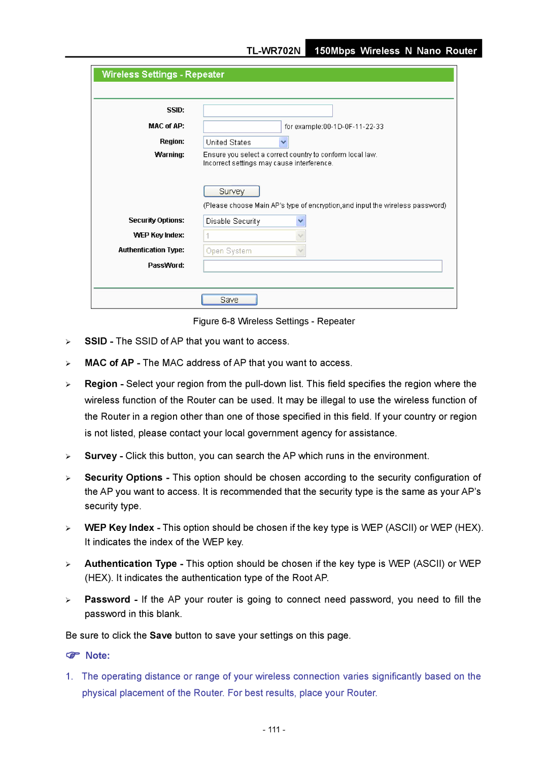 TP-Link TL-WR702N manual Wireless Settings Repeater 