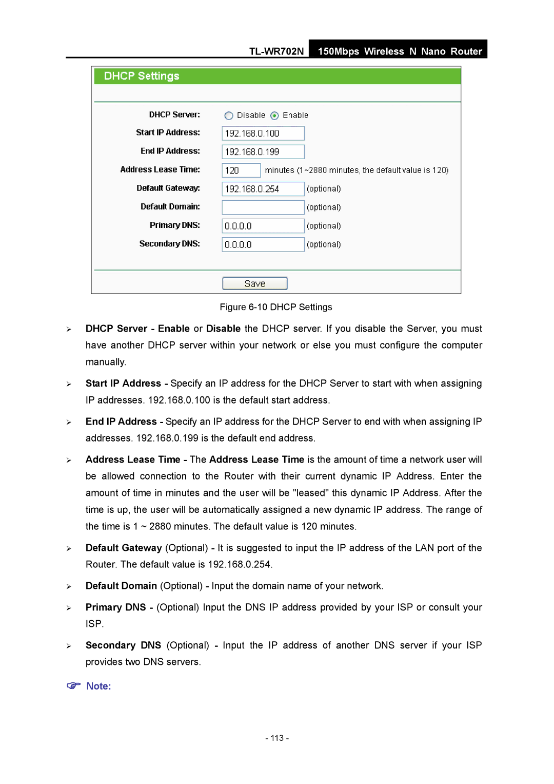 TP-Link TL-WR702N manual Dhcp Settings 