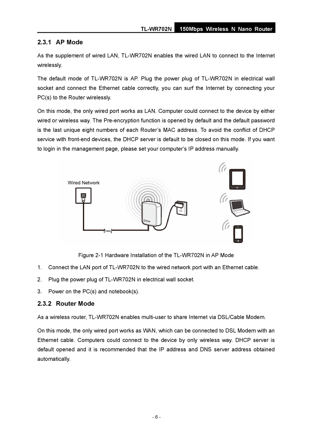 TP-Link TL-WR702N manual AP Mode, Router Mode 